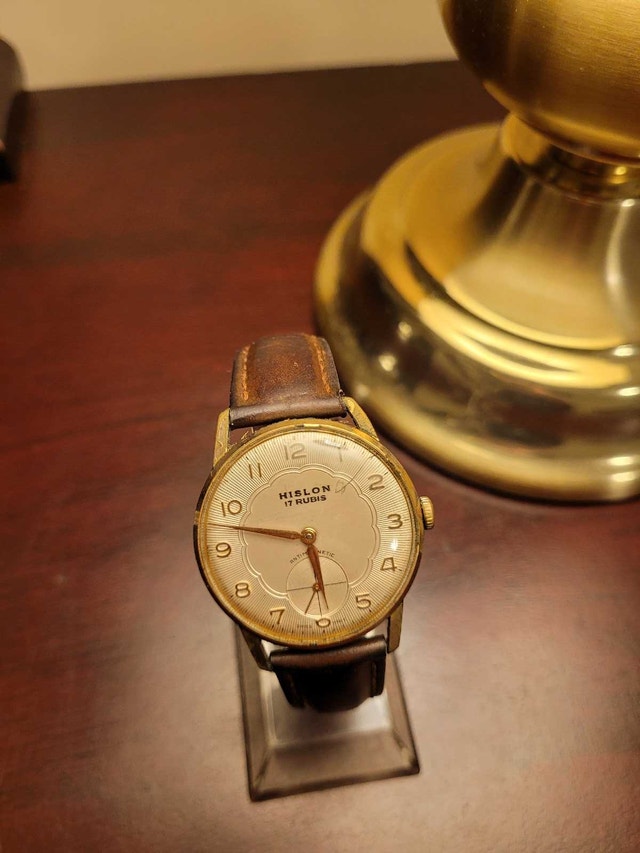 Rare Vintage Hislon 17 Rubis Gold With Brown Leather Men's Watch