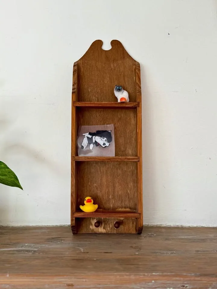 Vintage Wooden 3-Tier Wall Shelf with Key Pegs