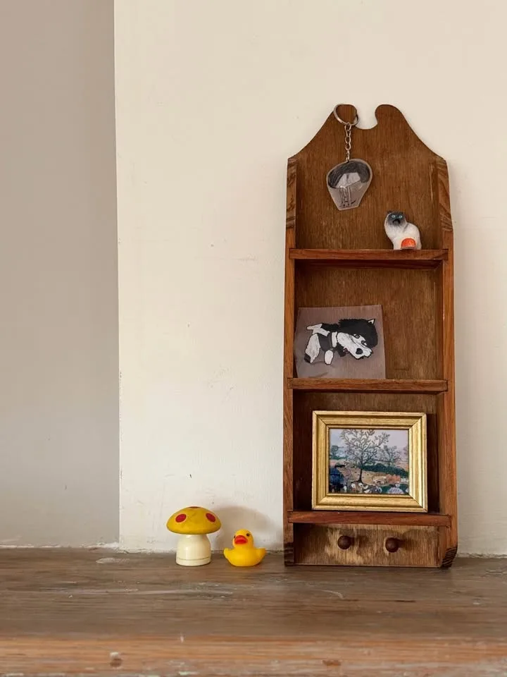 Vintage Wooden 3-Tier Wall Shelf with Key Pegs image indicator(3)