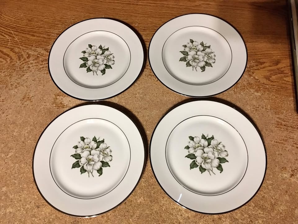 SET OF 4 EMBASSY USA VITRIFIED CHINA WHITE FLOWER PLATE 8"