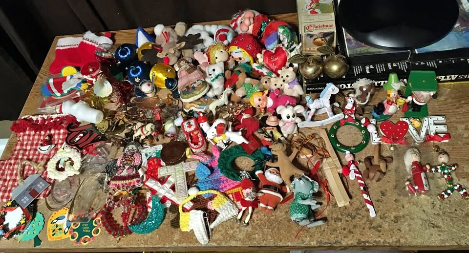 HUGE LOT OF 111 VINTAGE CHRISTMAS ORNAMENTS FLOCKED WOOD METAL A