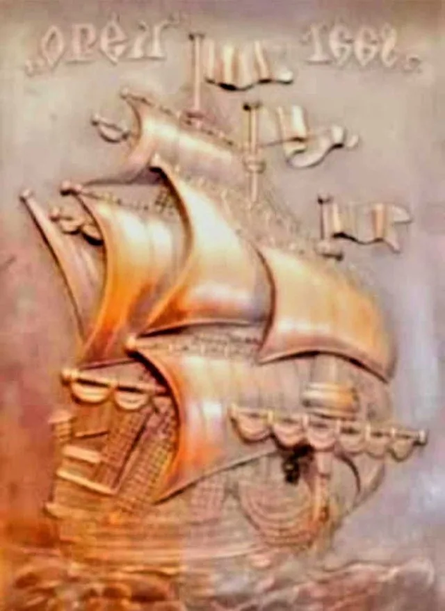 Antique Embossed Copper Ship 1662 Table Frame image indicator(2)