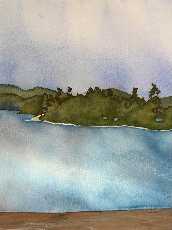 Large Vintage Watercolor Lake Landscape (1987) - photo 3