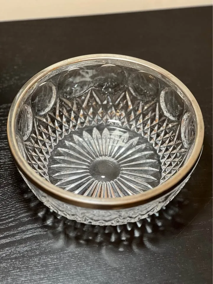 Vintage Cut Glass Bowl w/Silver Plated Rim image indicator(2)