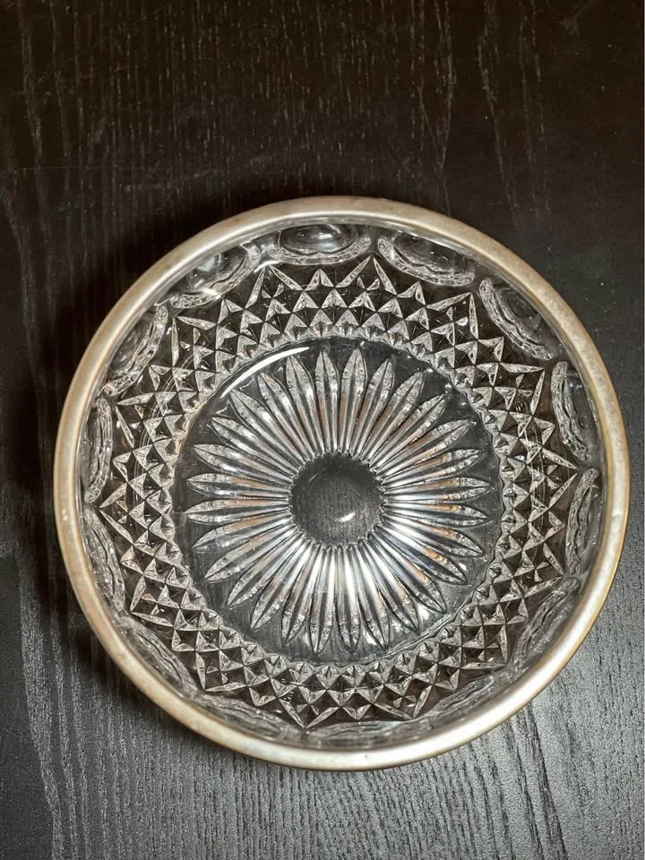 Vintage Cut Glass Bowl w/Silver Plated Rim image indicator(3)
