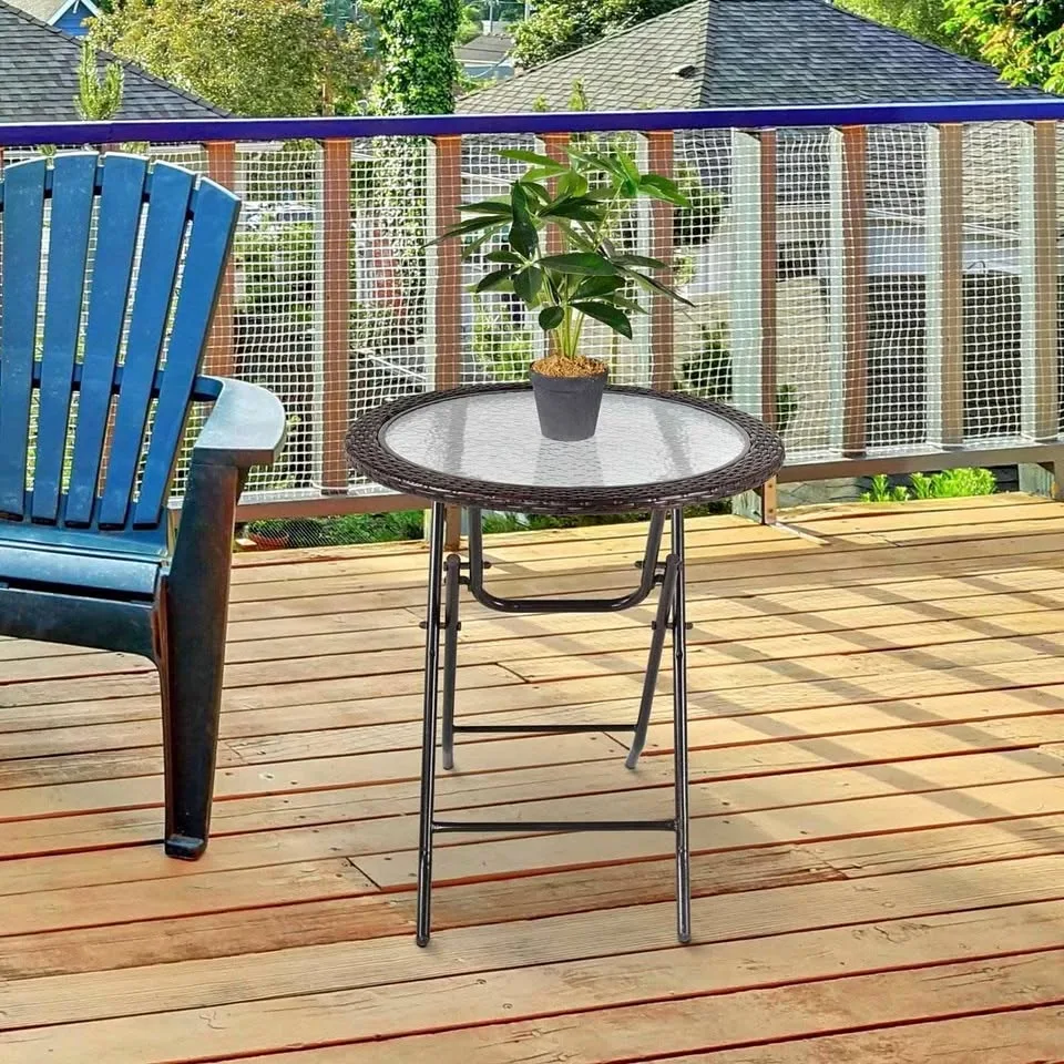 Outsunny Folding Round Tempered Glass Metal Table