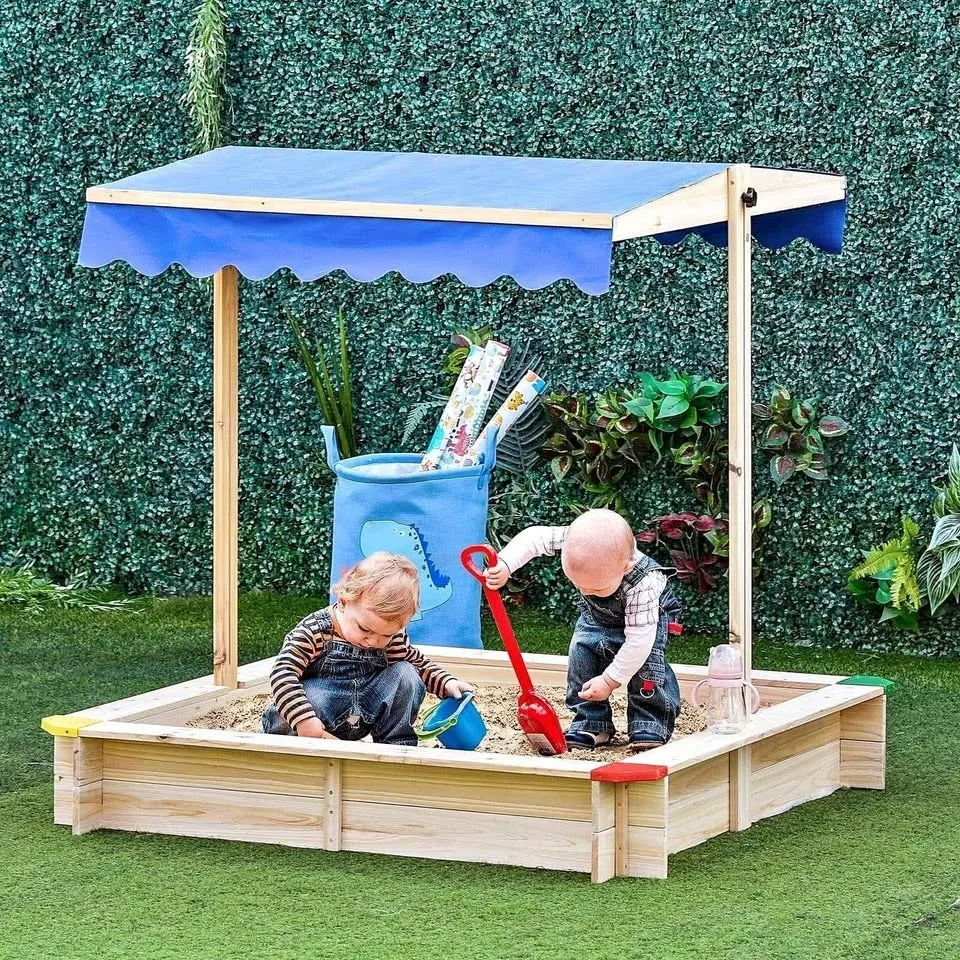 Outsunny Kids Wooden Sandbox with Canopy & Seats