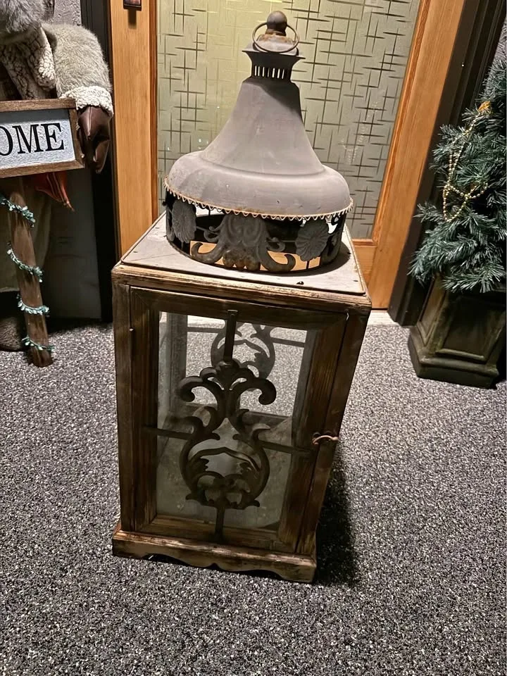 Large weathered look wood and glass Lantern. 12 by 12 by 29 inch
