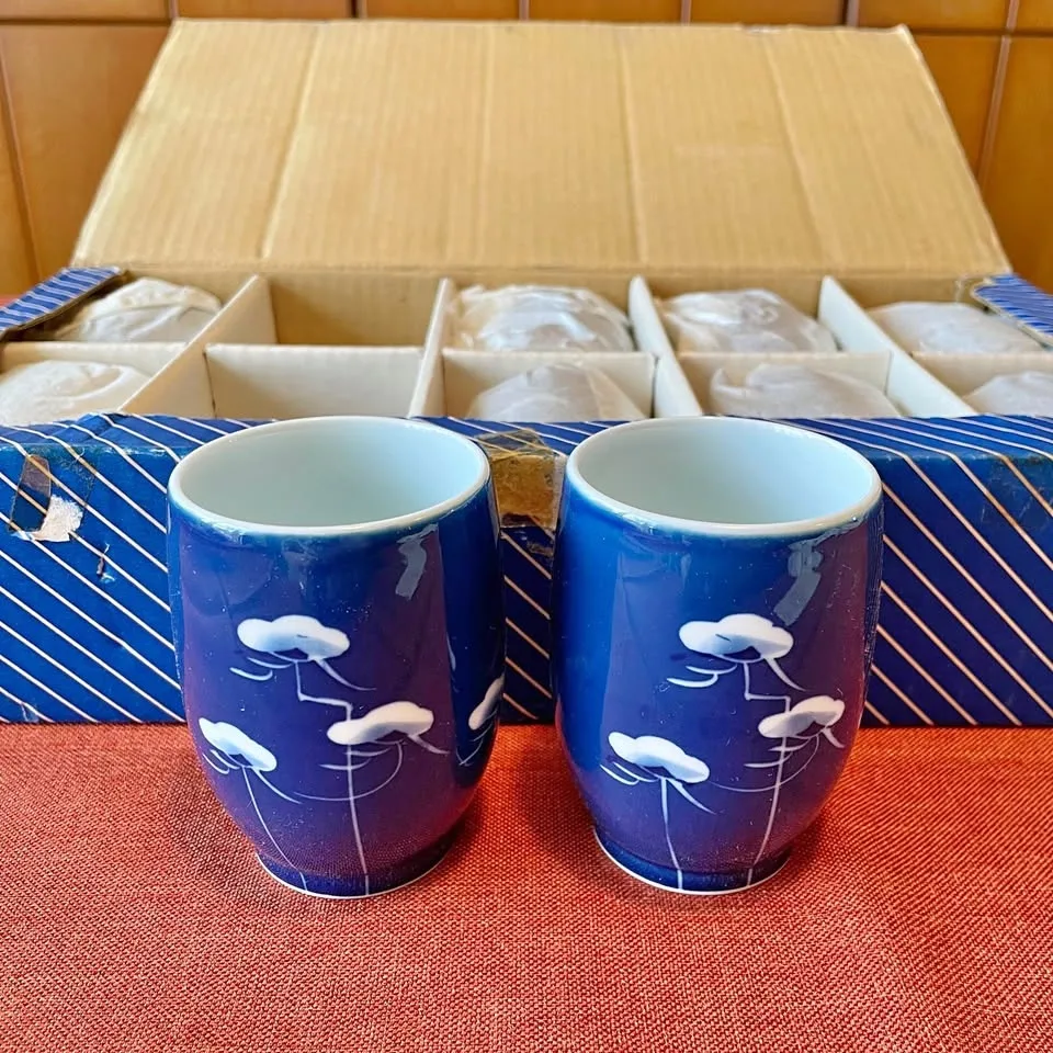 Arita Japanese Blue Floral Porcelain Mugs - Set of 10