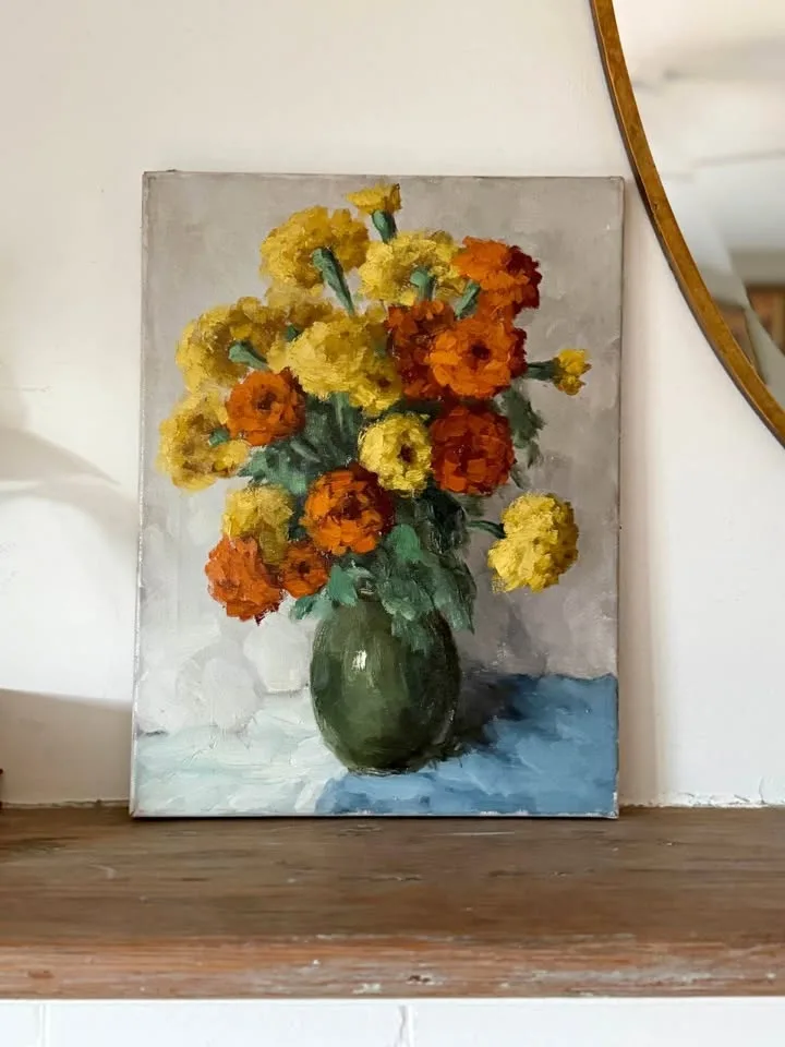Vintage Floral Oil Painting: Marigold Still Life