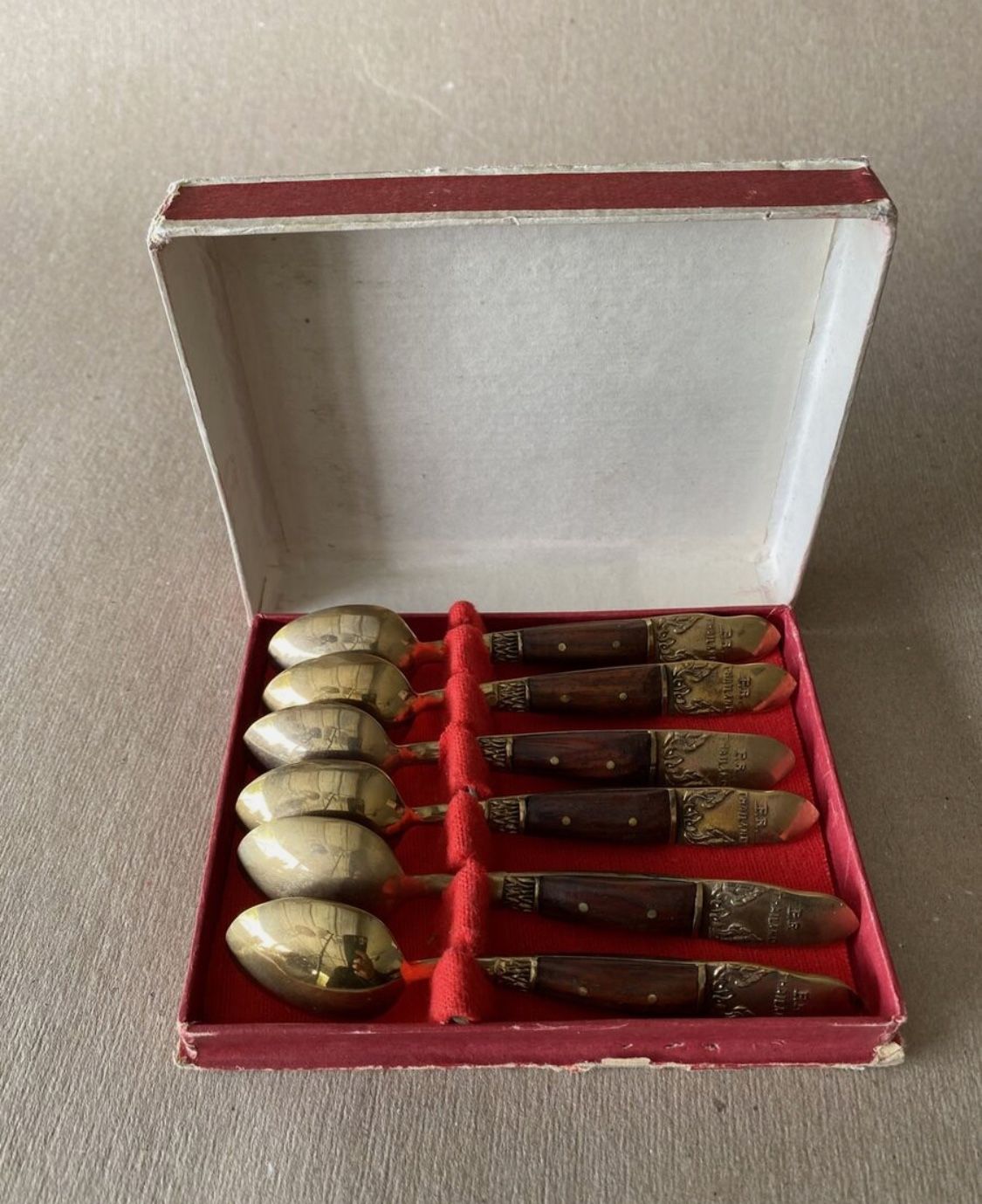VINTAGE BRONZE MINI SPOONS SET OF 6 SPOONS WOODEN HANDLE MADE IN
