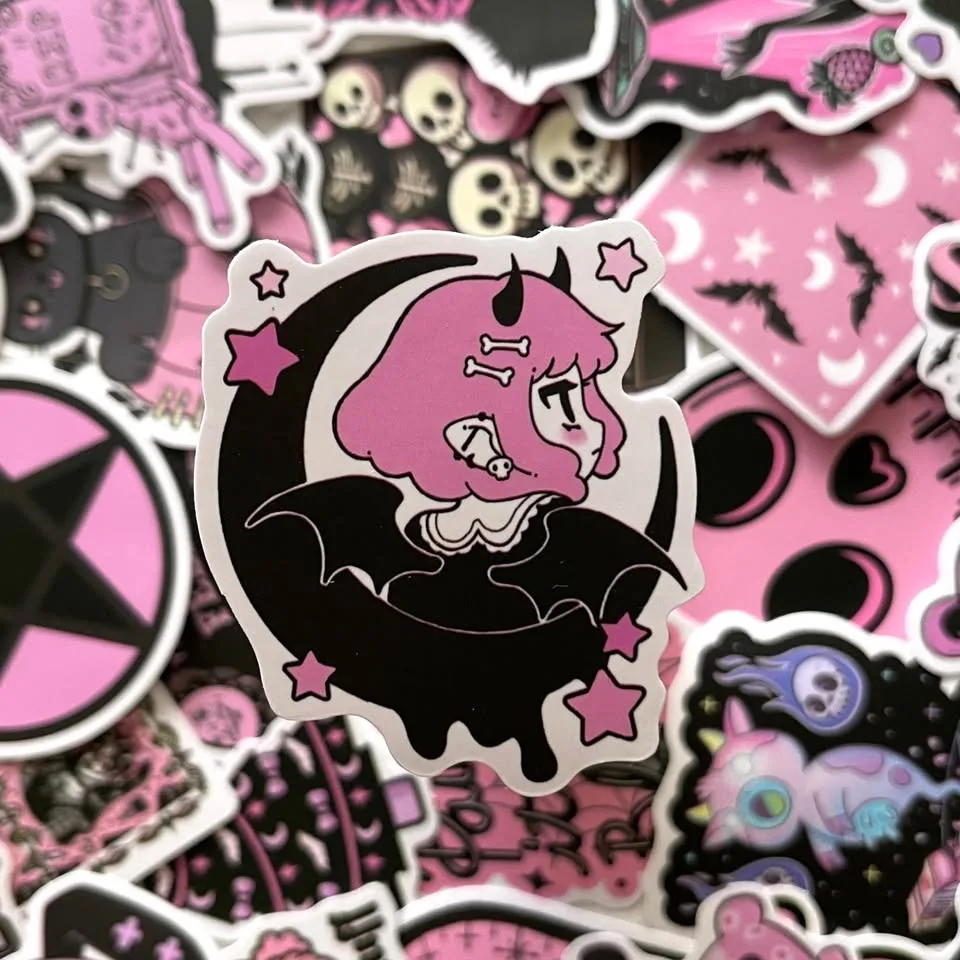 Pack of 50 Cute Black Pink Gothic Spooky Babe Stickers image indicator(3)