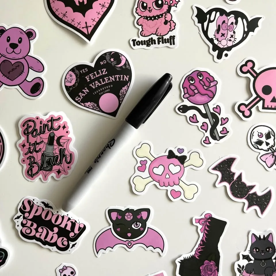Pack of 50 Cute Black Pink Gothic Spooky Babe Stickers image indicator(7)