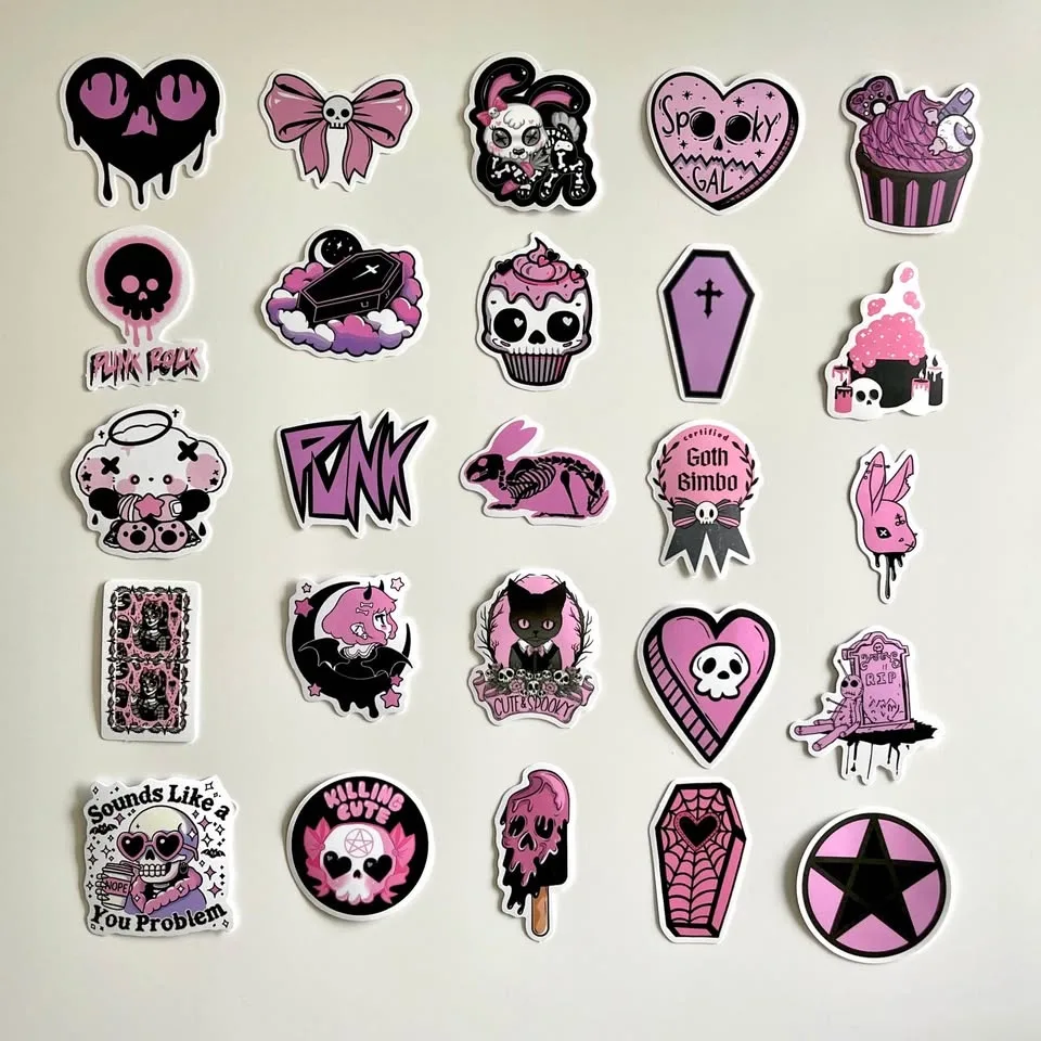 Pack of 50 Cute Black Pink Gothic Spooky Babe Stickers image indicator(8)
