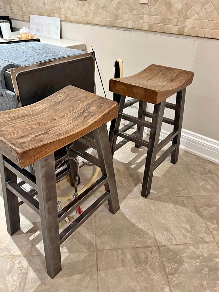 Wooden organic modern industrial kitchen bar stools set of 2