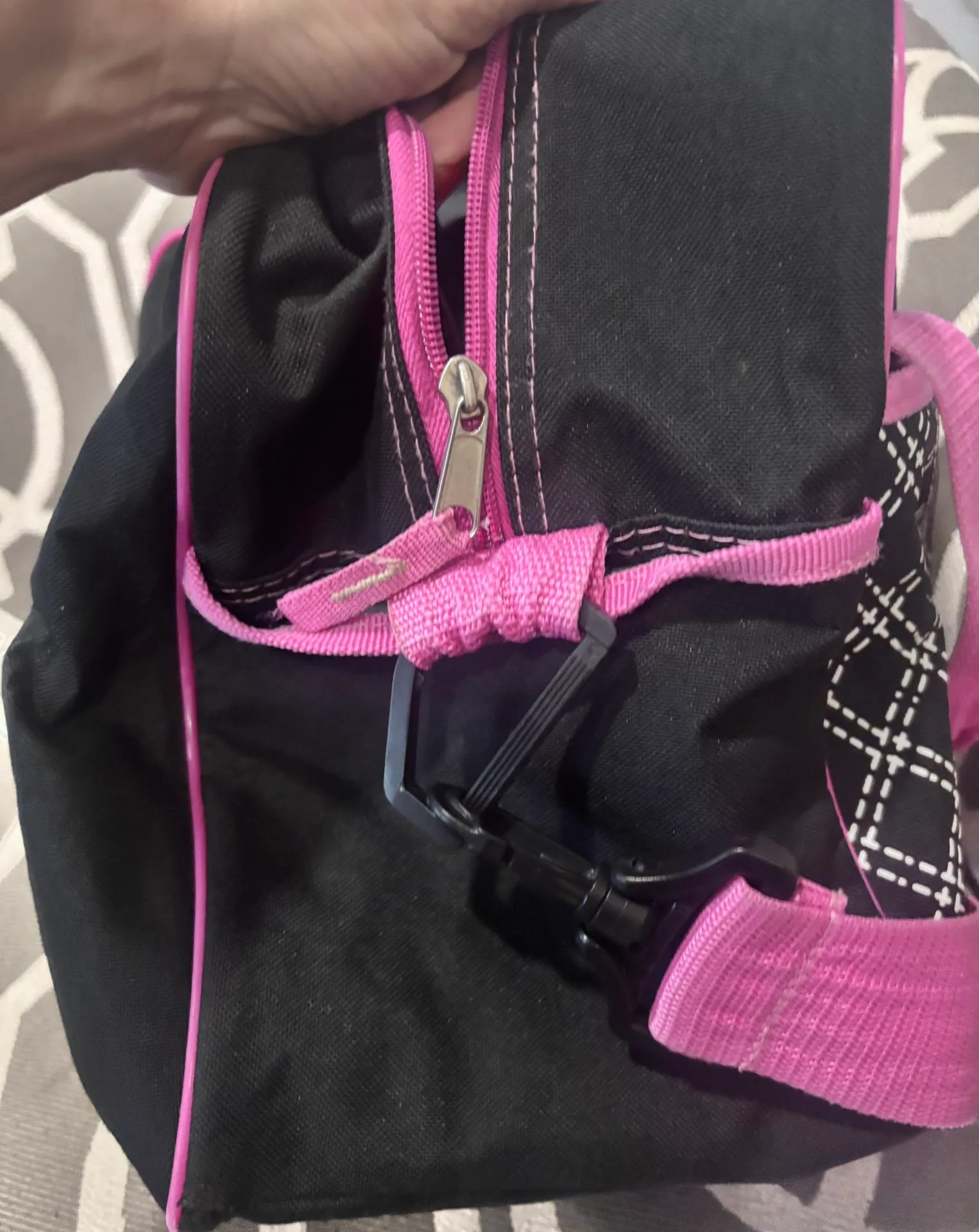 Super cute Hello Kitty duffel bag in black with pink trim and qu image indicator(3)