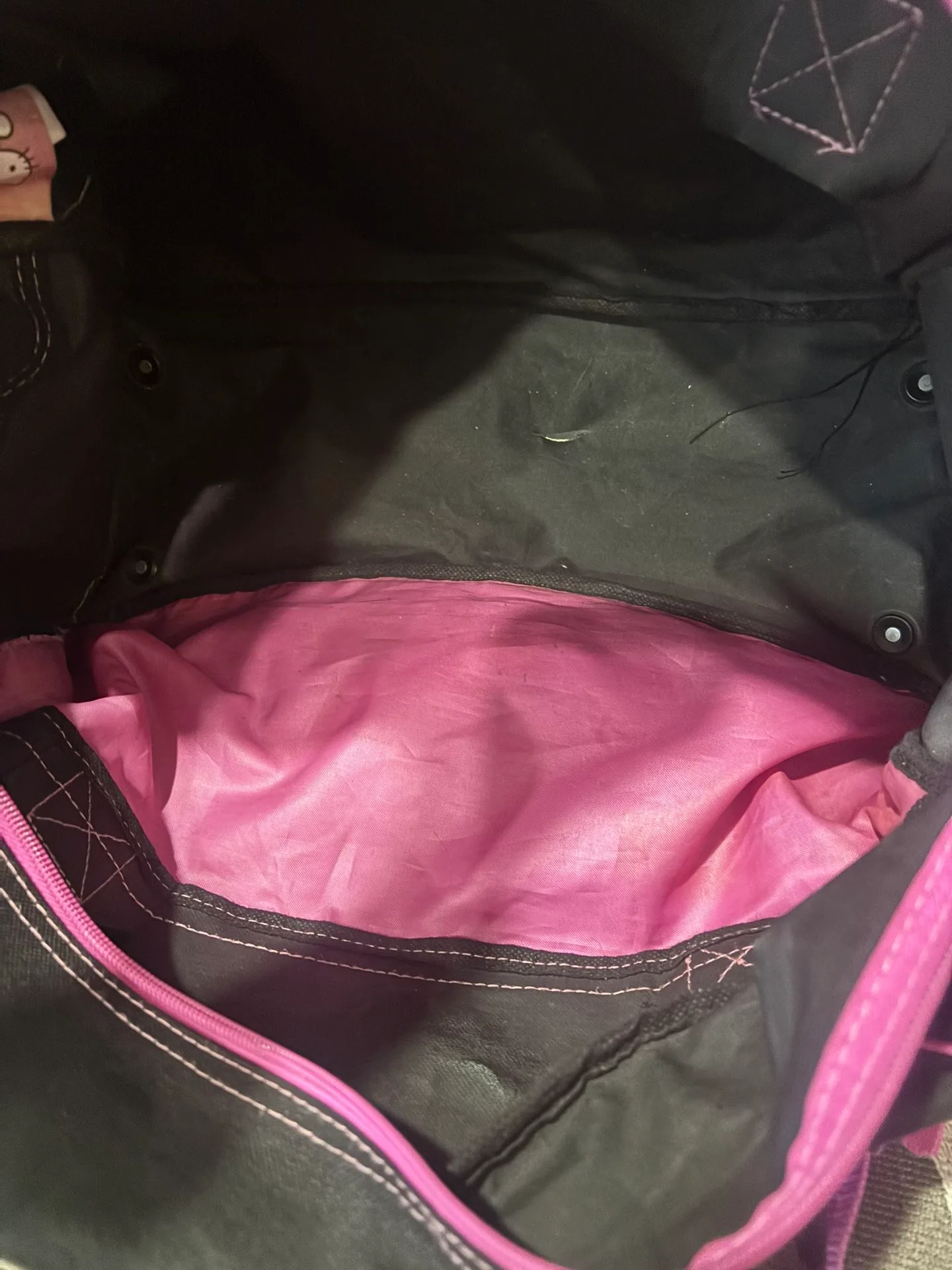 Super cute Hello Kitty duffel bag in black with pink trim and qu image indicator(6)