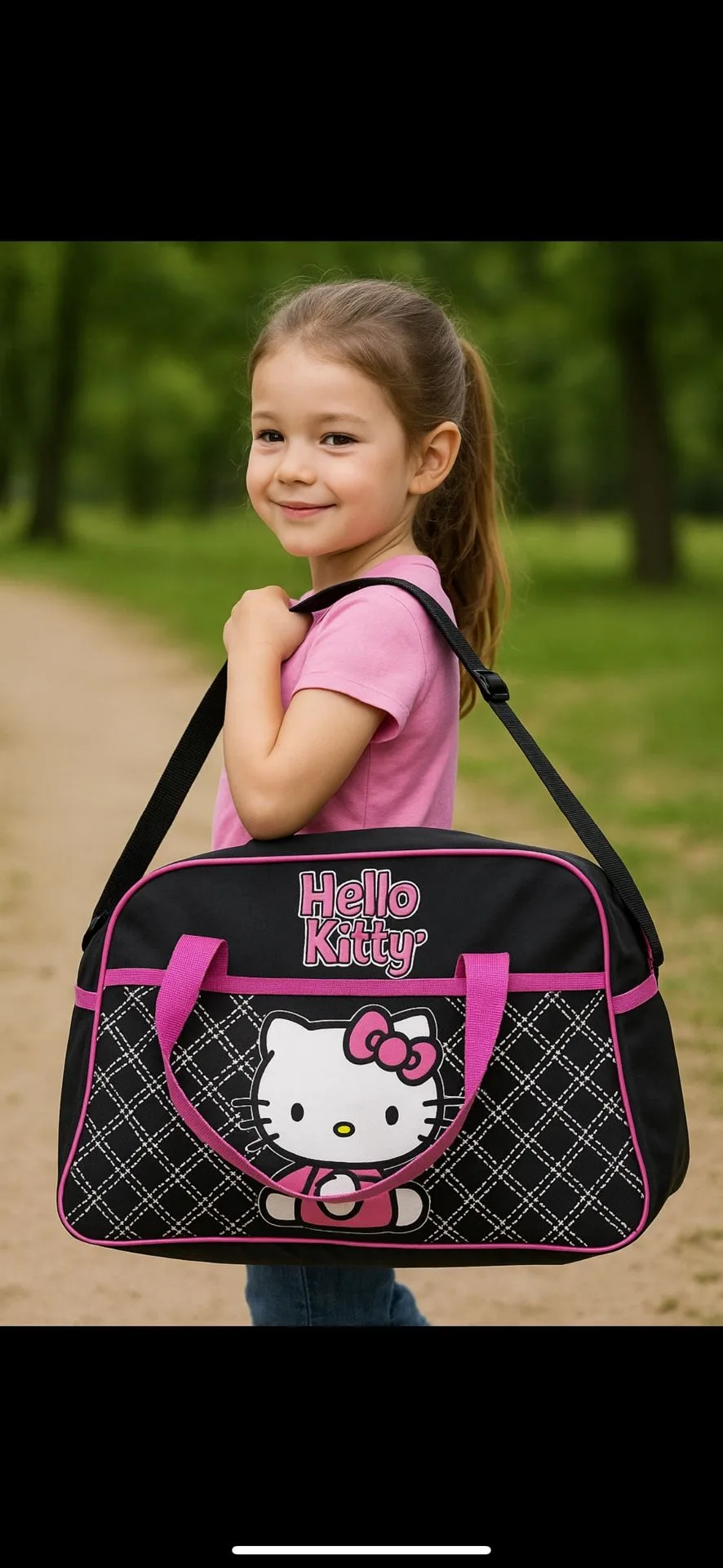 Super cute Hello Kitty duffel bag in black with pink trim and qu image indicator(9)