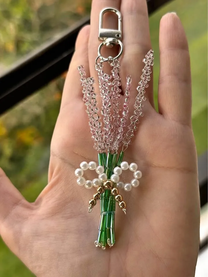 Beaded Lavender Bouquet Keychain - Pink Crystal