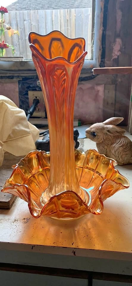Andy’s / Andy’s Sister’s Orange Carnival glass vase and bowl