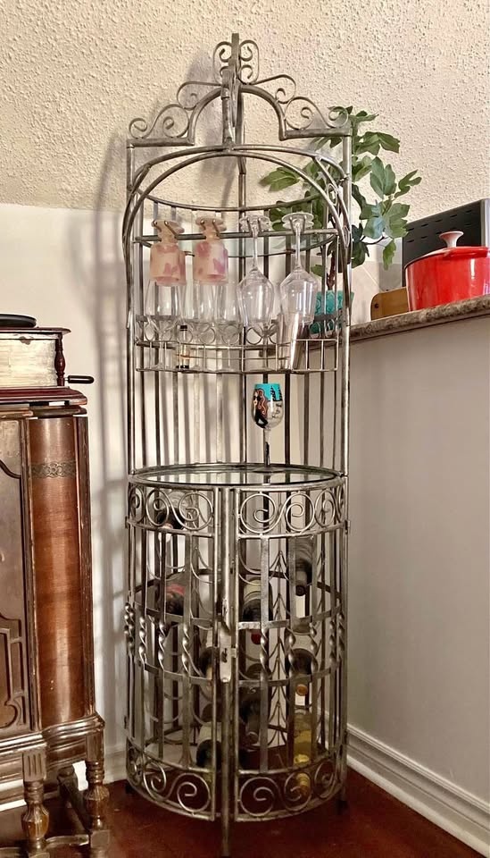 Vintage Wrought Iron Birdcage Wine Bar Cart Cabinet