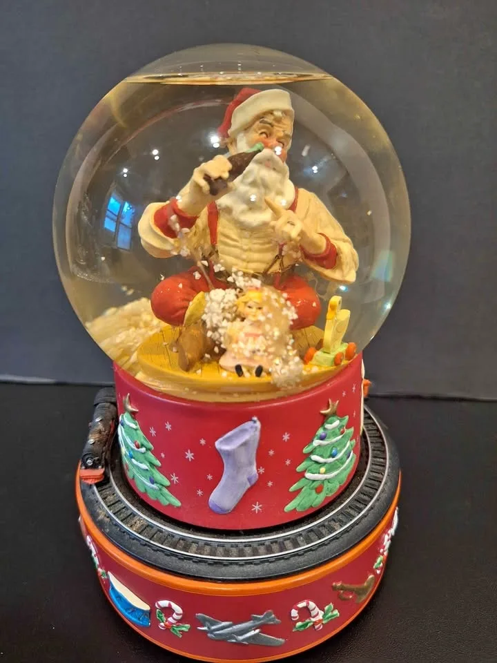 Christmas Snow Globe Hallmark Coca Cola Santa Moving Train