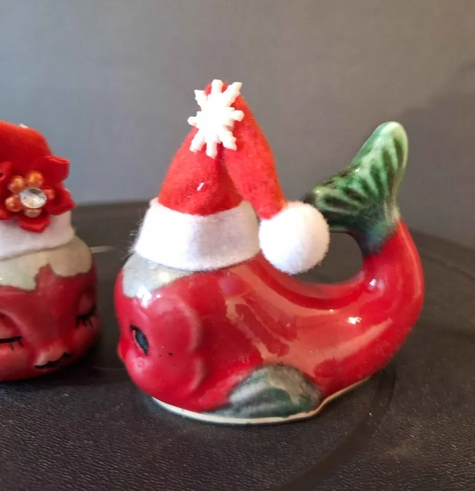 Vintage red and green glazed dolphins fish. image indicator(2)