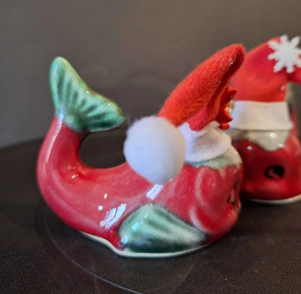 Vintage red and green glazed dolphins fish. image indicator(3)