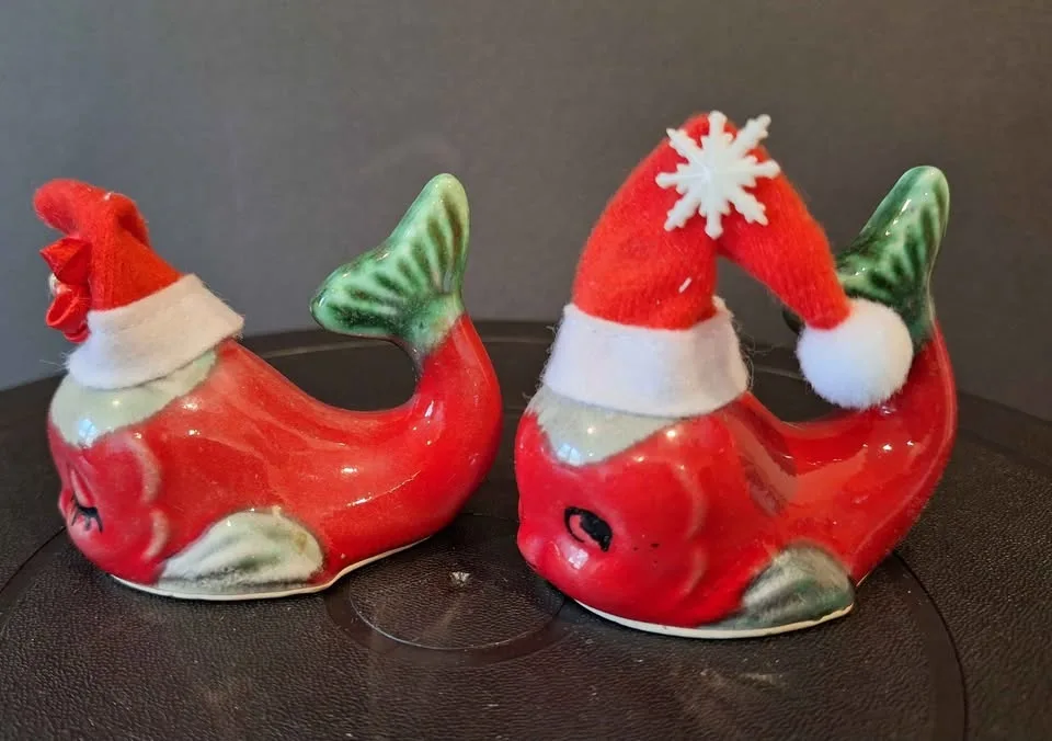 Vintage red and green glazed dolphins fish. image indicator(7)