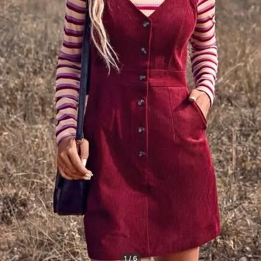 Slant Pocket Button front corduroy overall dress, size M