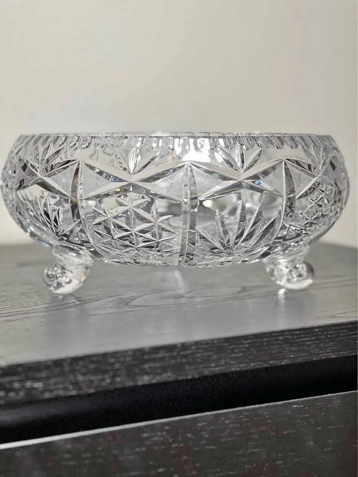 BOHEMIAN CZECH CRYSTAL ROUND TRIPOD BOWL 10.5"