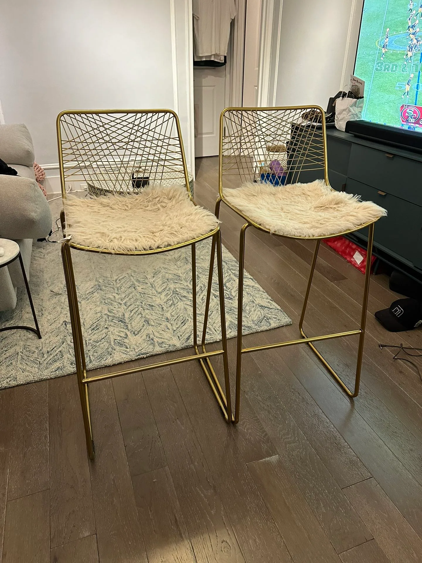 CB2 Alpha Brass Metal Bar Stools w/ Seat Cushions