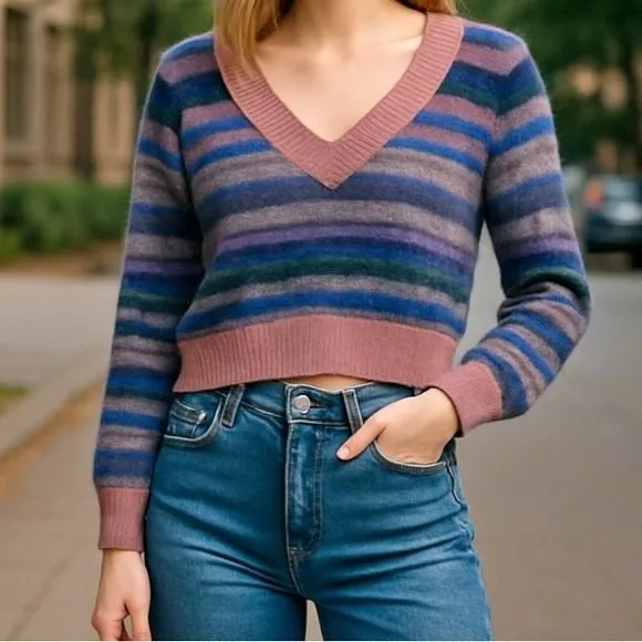 ARITZIA Sunday Best V Neck Crop Sweater Multi Stripe
