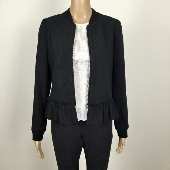 REBECCA TAYLOR Black Bomber Style Jacket, Ruffle Peplum, 6