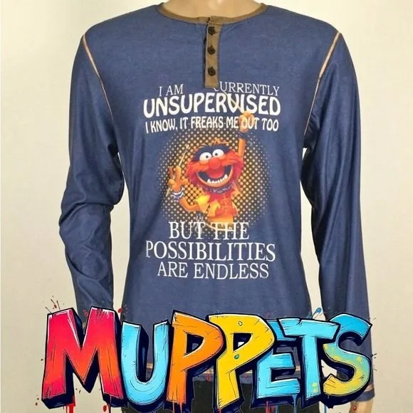 Men’s Henley Tee Shirt, Muppet Theme, Medium