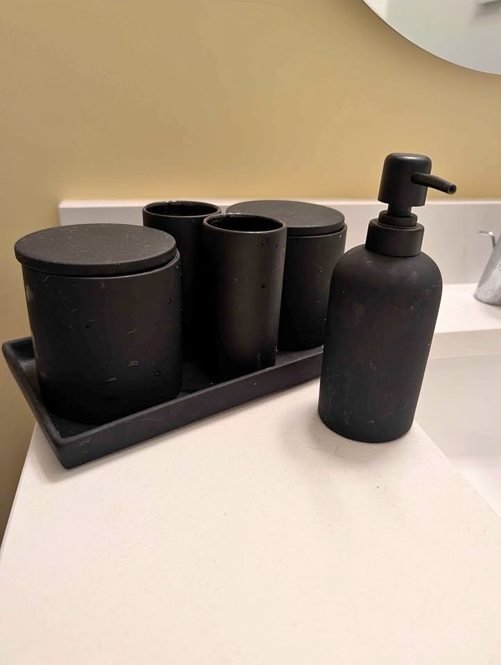 CB2 rubberized rubber coated bathroom accessories set