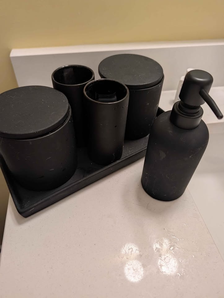 CB2 rubberized rubber coated bathroom accessories set - photo 2