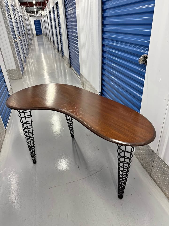 Kidney-Shaped Wooden Table with Metal Coil Legs