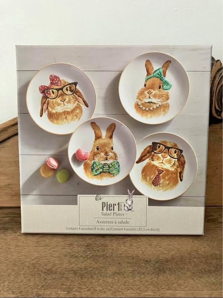 Pier 1 Easter Bunny Rabbit 8" Salad Dessert Plates Set Of 4 with