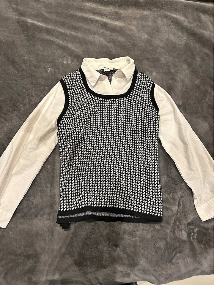 Alia Long Sleeve Button Up with Houndstooth Vest