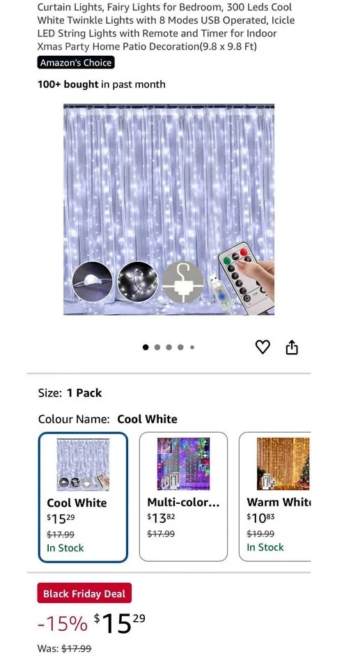 Curtain Lights, Fairy Lights, 300 LED Cool White