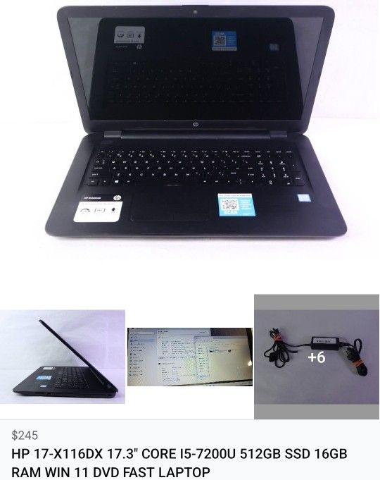 HP 17-X116DX Laptop i5-7200U, 512GB SSD, 16GB RAM, Win 11
