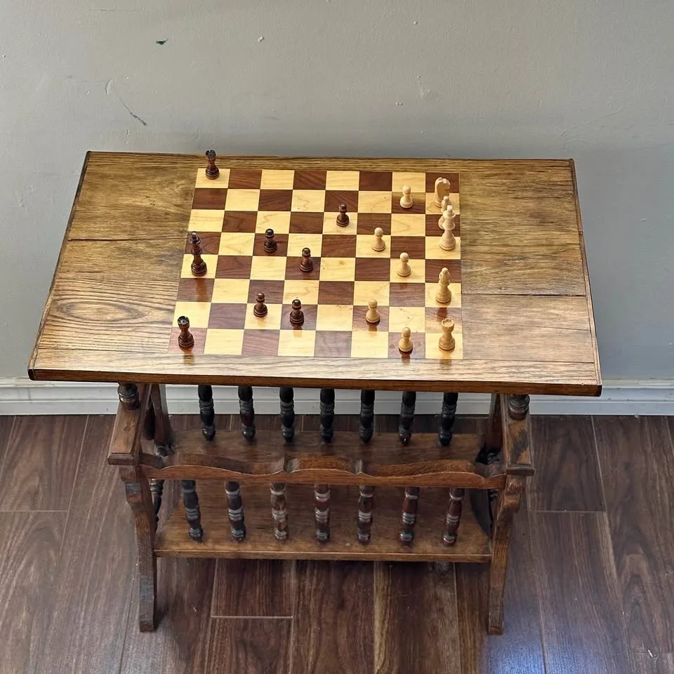 Vintage Solid Wood Chess Table – Built-In Board + Storage