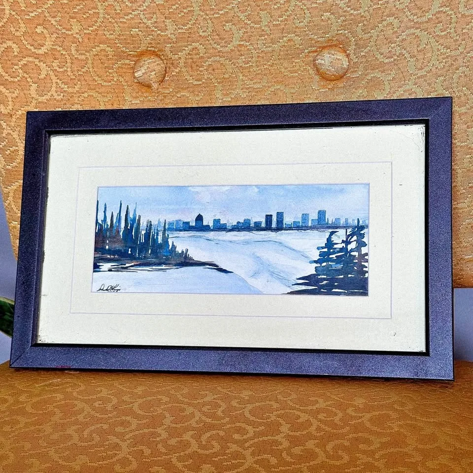 Original vintage Winnipeg(?) Skyline Watercolour – Framed Art