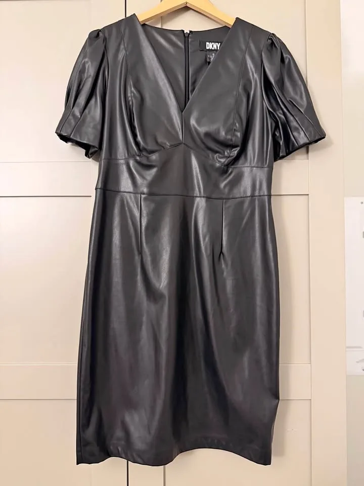 DKNY Black Sheath Dress Puff Sleeves V-Neck 10/2
