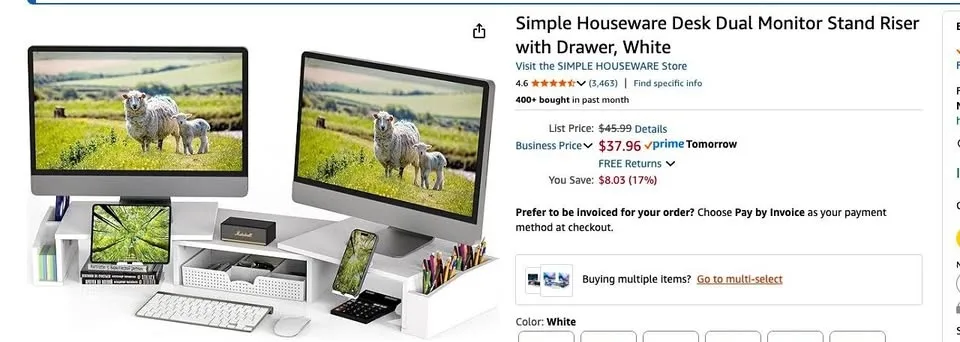 Desk Dual Monitor Stand Riser with Drawer, White