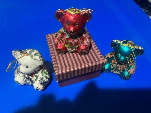 Hand Crafted Cloisonné Enameled Christmas Teddy Bear Ornament image indicator(2)