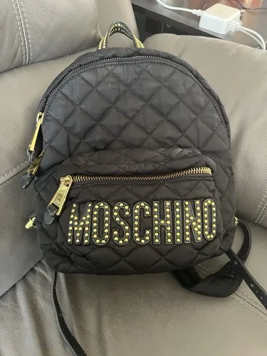 Moschino Quilted Black Backpack Gold Stud Letters Small