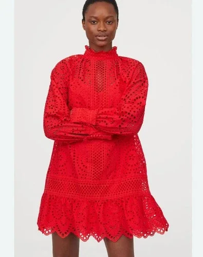 H&M Eyelet Dress Mock Neck Long Sleeve Red Medium