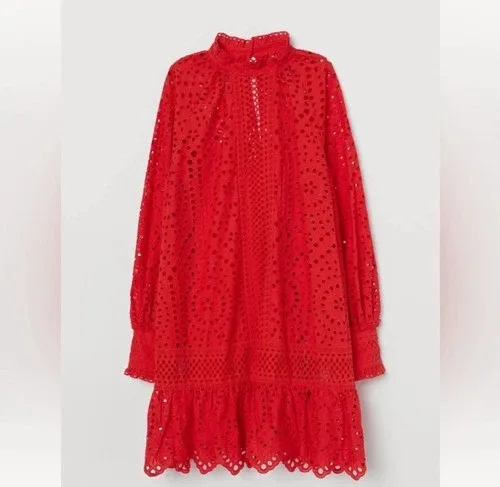 H&M Eyelet Dress Mock Neck Long Sleeve Red Medium image indicator(2)